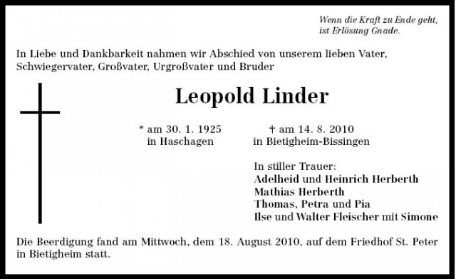 Linder Leopold 1925-2010 Todesanzeige